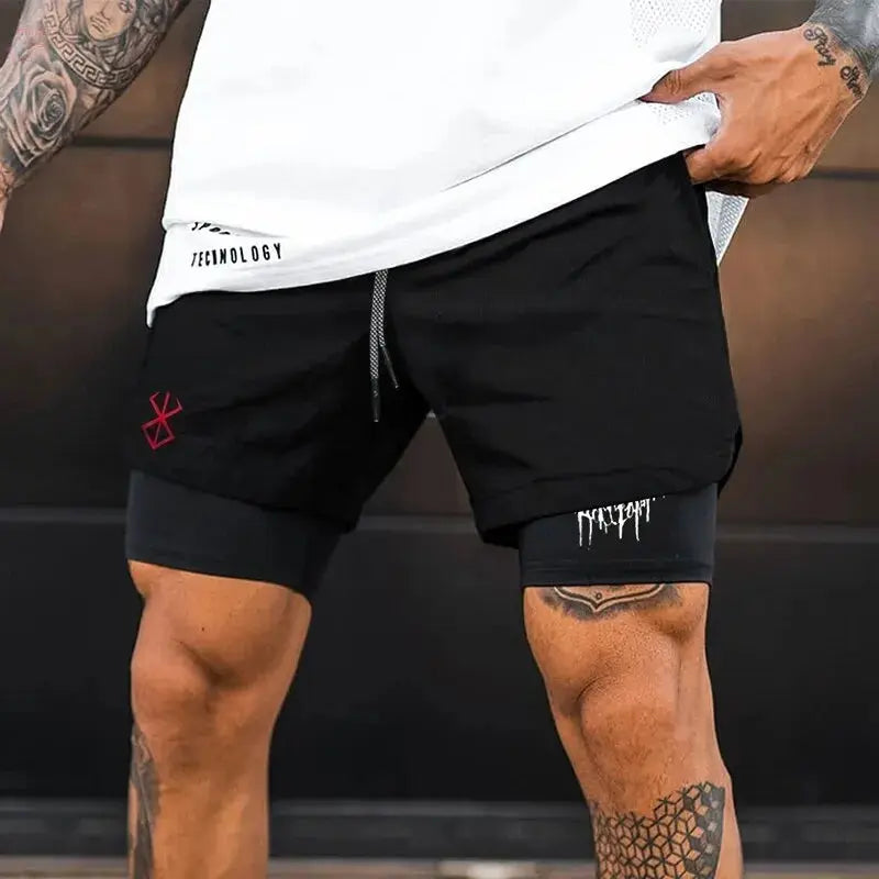 2024 New Men's Fitness Training Skinny Shorts Demon Print Summer 2 In 1 Quick Dry Gym Beach Jogging Shorts Outdoor Sportwear - Brocelles