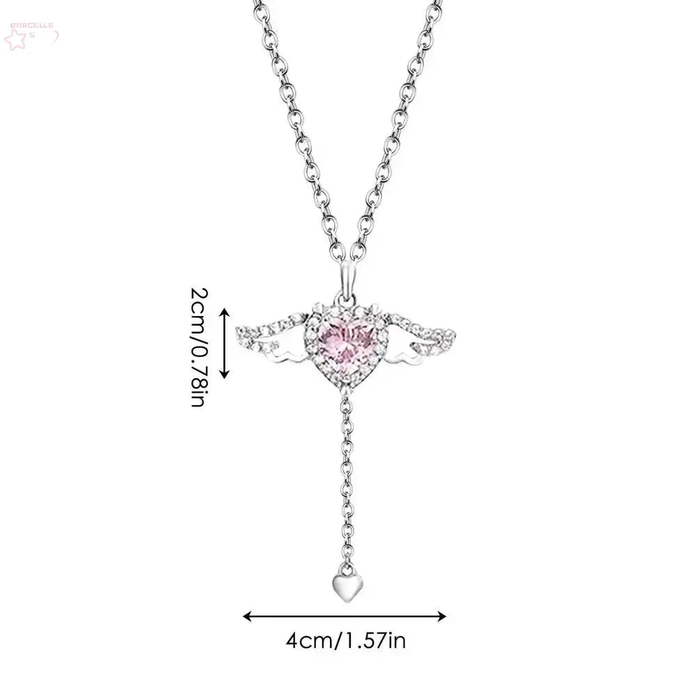 Angel Wings Necklace | Pink Heart Angel Wings Cross Necklace | Titanium Steel Moving Angel Wings Pendant Heart Crystal Necklace - Brocelles