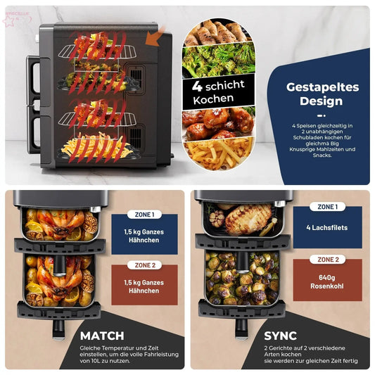 Brocelles 2-Basket Air Fryer, Double Stack Technology Cooks 4 Foods at Once, Space Saving Design, 10 QT, 6-in-1, Smart Finish & Match Cook Brocelles