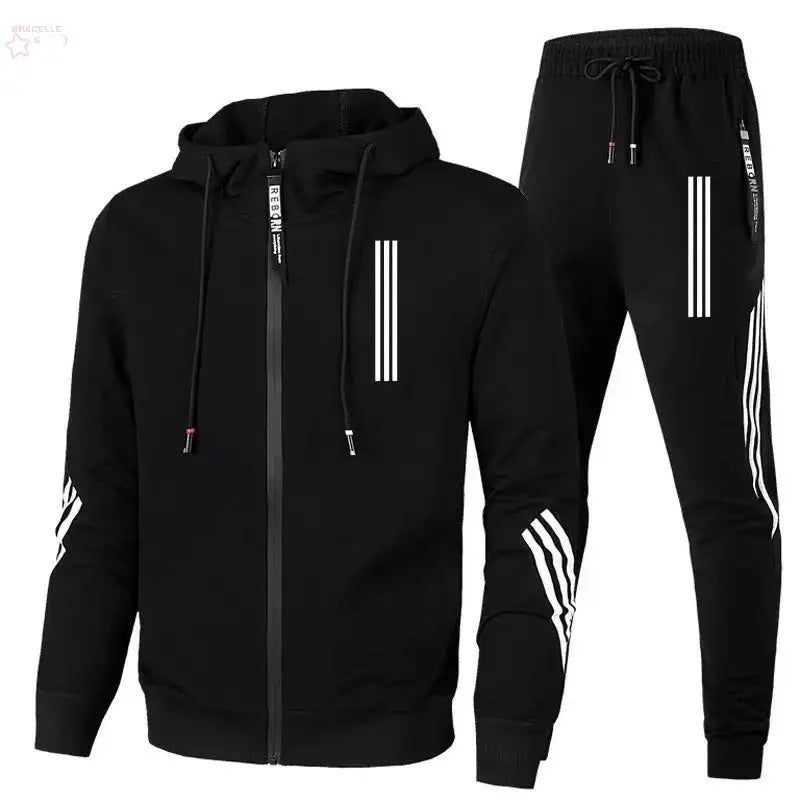 Men's Hoodies+Pants Two Piece Sets Triple Slant Hoodie Jacket Sport Zipper Tracksuits Sports Jogging Male Fitness Clothing - Brocelles