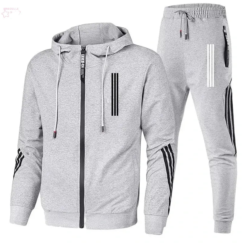 Men's Hoodies+Pants Two Piece Sets Triple Slant Hoodie Jacket Sport Zipper Tracksuits Sports Jogging Male Fitness Clothing - Brocelles