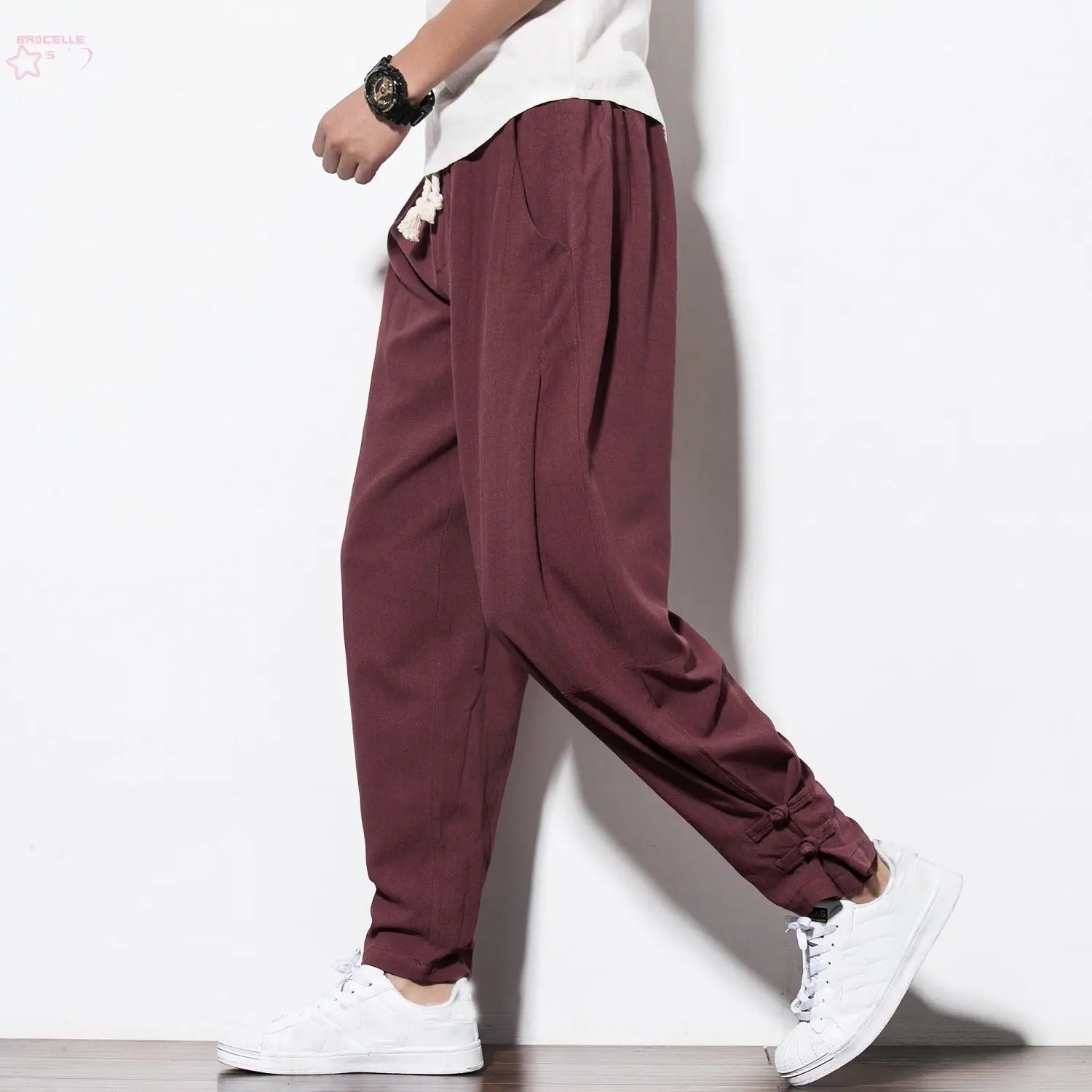 Brocelles Spring and summer cotton-linen buttoned pants for men Brocelles