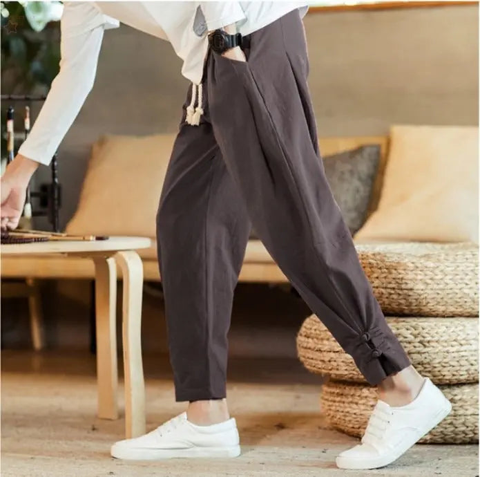 Brocelles Spring and summer cotton-linen buttoned pants for men Brocelles