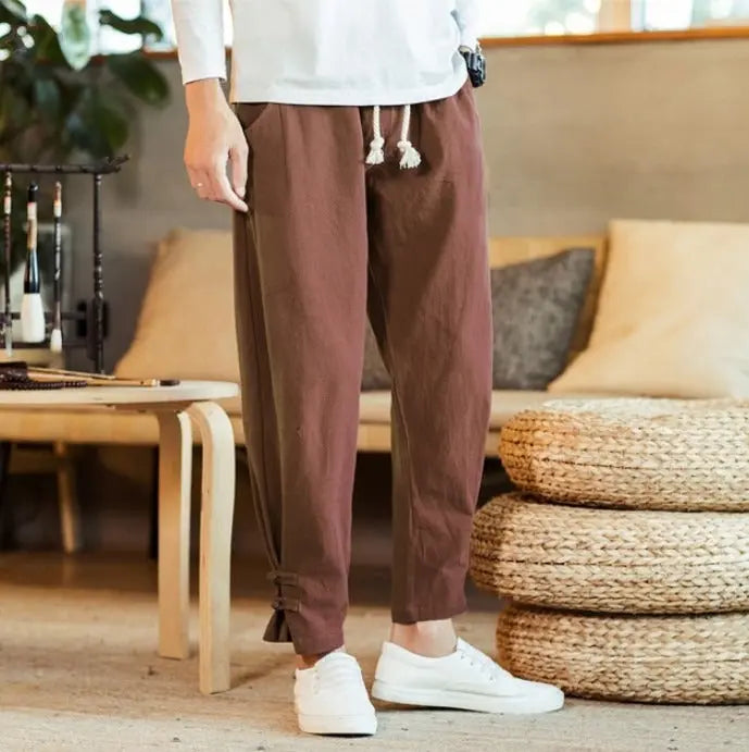 Brocelles Spring and summer cotton-linen buttoned pants for men Brocelles