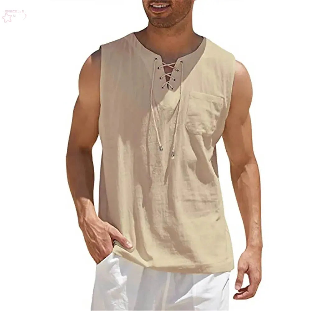 Cotton Linen Shirts Men's Casual Leeveless Vest Bandage Lace Up Blouse Retro V Neck Fashion Loose Shirt Male Solid Color Clothes - Brocelles