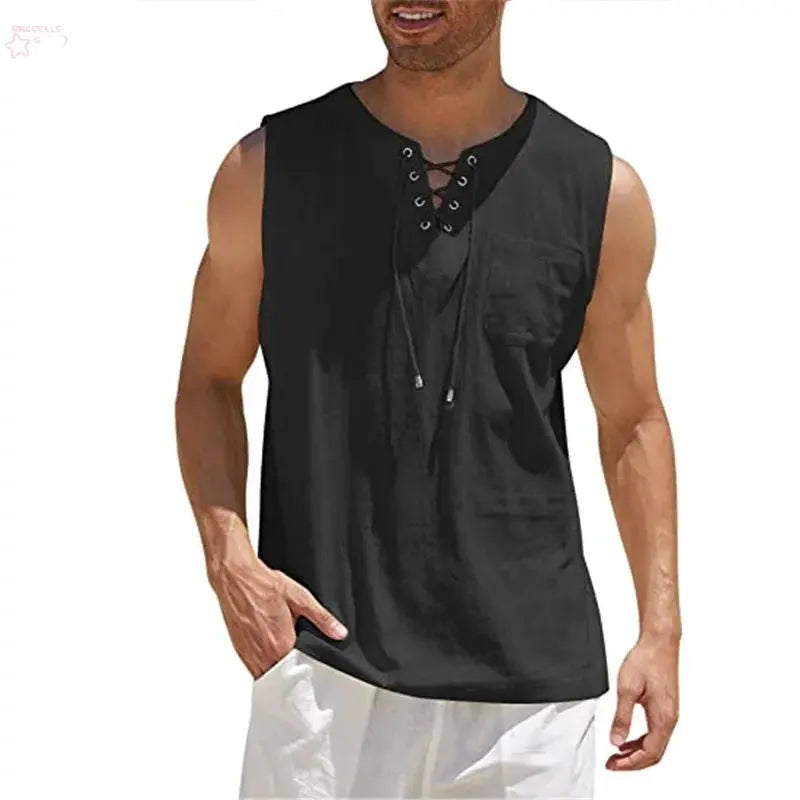 Cotton Linen Shirts Men's Casual Leeveless Vest Bandage Lace Up Blouse Retro V Neck Fashion Loose Shirt Male Solid Color Clothes - Brocelles