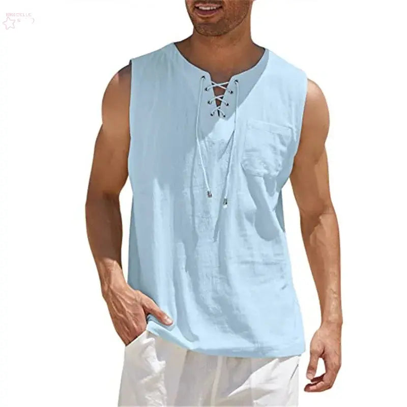 Cotton Linen Shirts Men's Casual Leeveless Vest Bandage Lace Up Blouse Retro V Neck Fashion Loose Shirt Male Solid Color Clothes - Brocelles