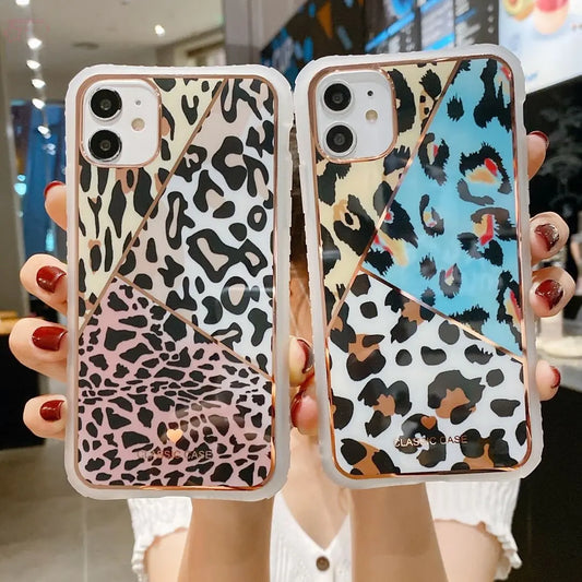 Electroplating love leopard print small waist protective cover phone case - Brocelles