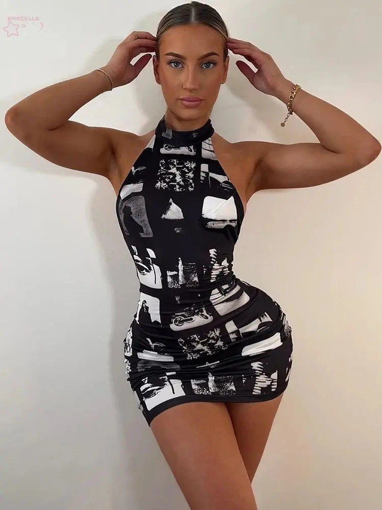 Hugcitar Vintage Print Halter Sleeveless Backless Sexy Slim Bodycon - Brocelles