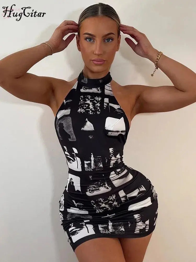 Hugcitar Vintage Print Halter Sleeveless Backless Sexy Slim Bodycon - Brocelles