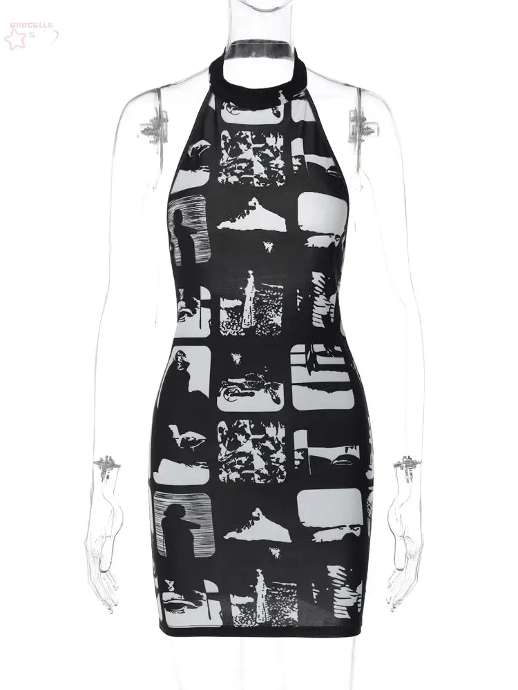 Hugcitar Vintage Print Halter Sleeveless Backless Sexy Slim Bodycon - Brocelles