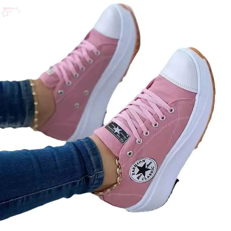 Leisure single shoe women's solid color thick sole lace up canvas shoes casual shoes Brocelles