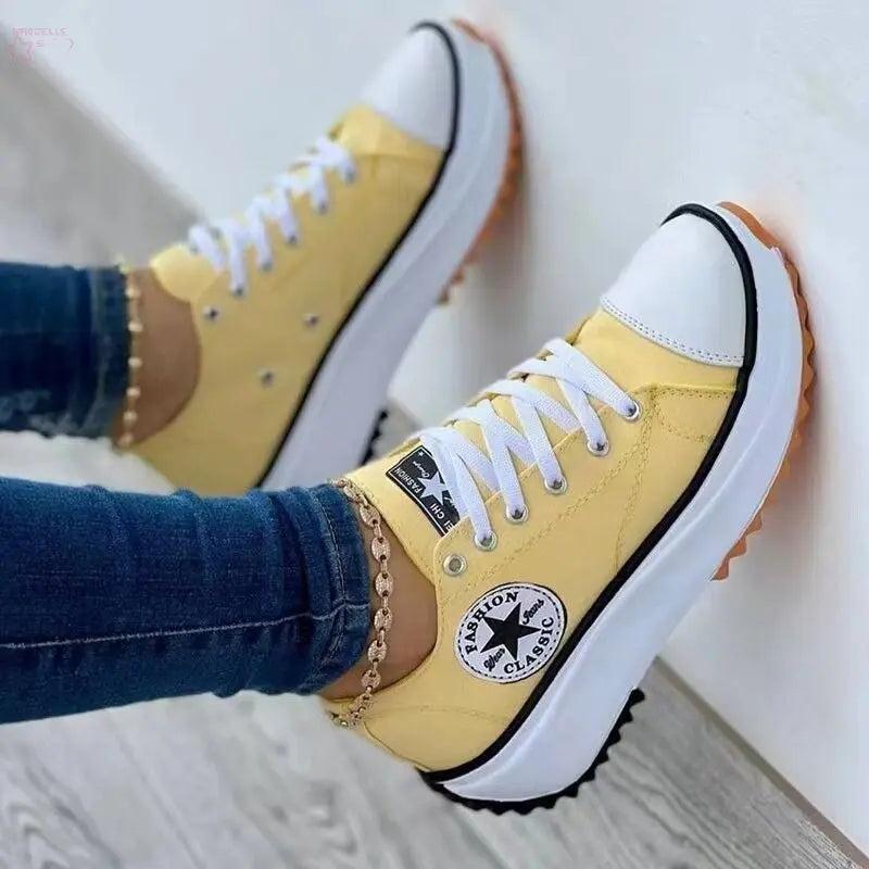 Leisure single shoe women's solid color thick sole lace up canvas shoes casual shoes Brocelles