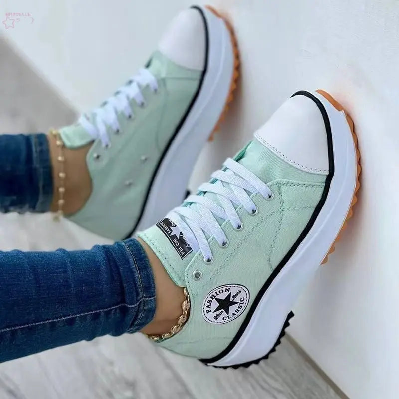 Leisure single shoe women's solid color thick sole lace up canvas shoes casual shoes Brocelles