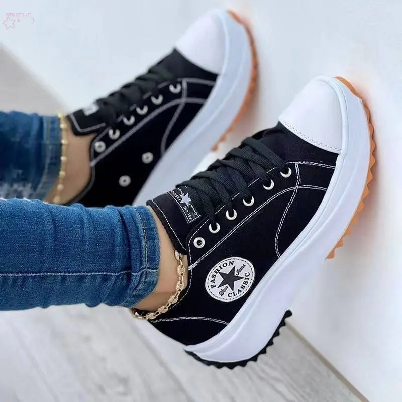 Leisure single shoe women's solid color thick sole lace up canvas shoes casual shoes Brocelles