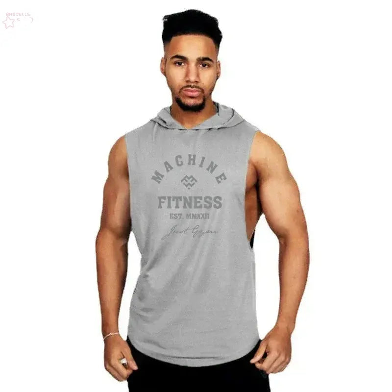 MACHINE FITNESS Mens Gym Hooded Tank Top Cotton Bodybuilding Clothing Summer Muscle Fit Sleeveless Hoodies Shirt Sports Singlets Brocelles