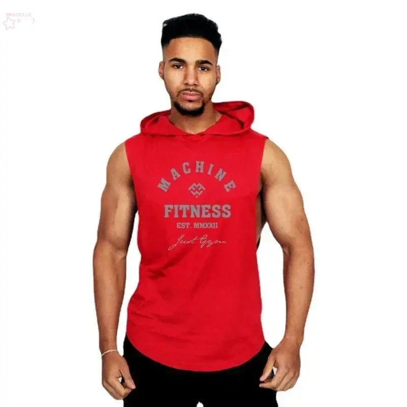 MACHINE FITNESS Mens Gym Hooded Tank Top Cotton Bodybuilding Clothing Summer Muscle Fit Sleeveless Hoodies Shirt Sports Singlets Brocelles