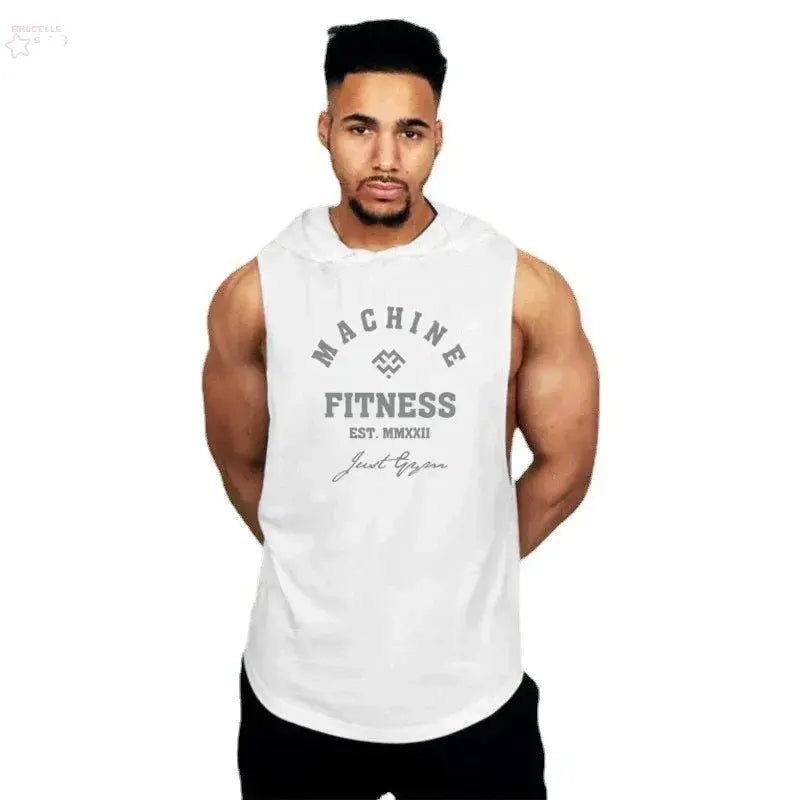 MACHINE FITNESS Mens Gym Hooded Tank Top Cotton Bodybuilding Clothing Summer Muscle Fit Sleeveless Hoodies Shirt Sports Singlets Brocelles