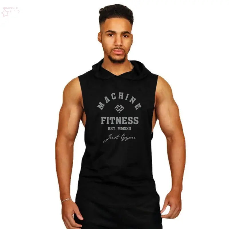 MACHINE FITNESS Mens Gym Hooded Tank Top Cotton Bodybuilding Clothing Summer Muscle Fit Sleeveless Hoodies Shirt Sports Singlets - Brocelles