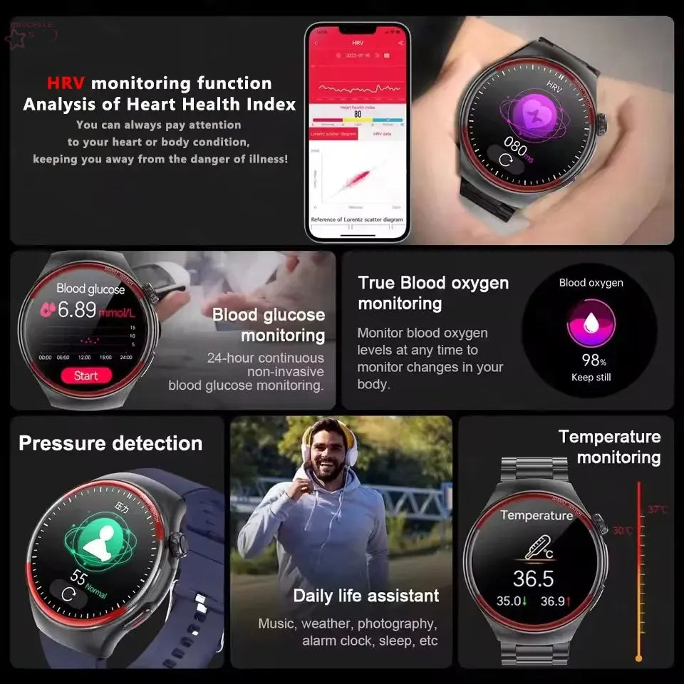 Medical-Grade HRV Blood Glucose Smartwatch Brocelles