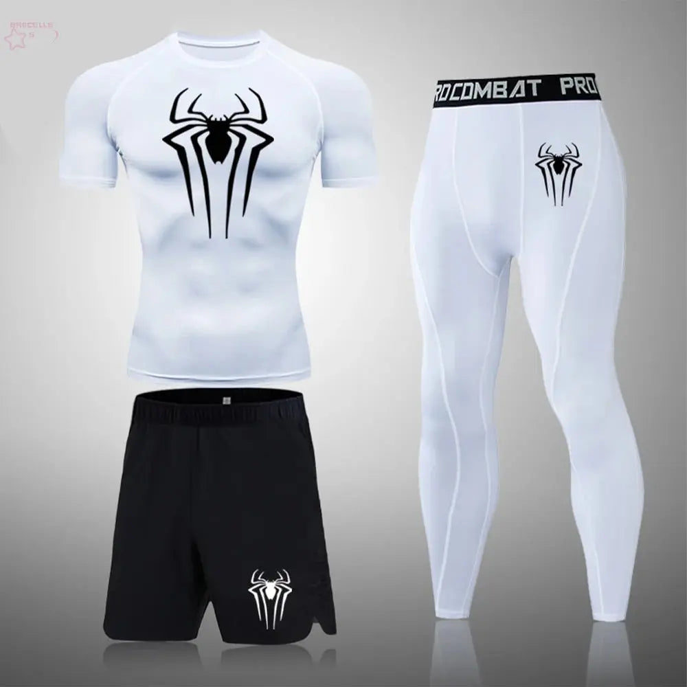 Men's Boxing Set Compression Shirt Sport Short Sleeves Rash Guard Running TShirts Quick Dry Athletic Fitness Three-piece Set - Brocelles