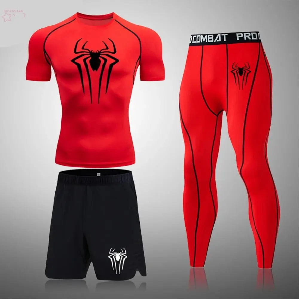 Men's Boxing Set Compression Shirt Sport Short Sleeves Rash Guard Running TShirts Quick Dry Athletic Fitness Three-piece Set - Brocelles