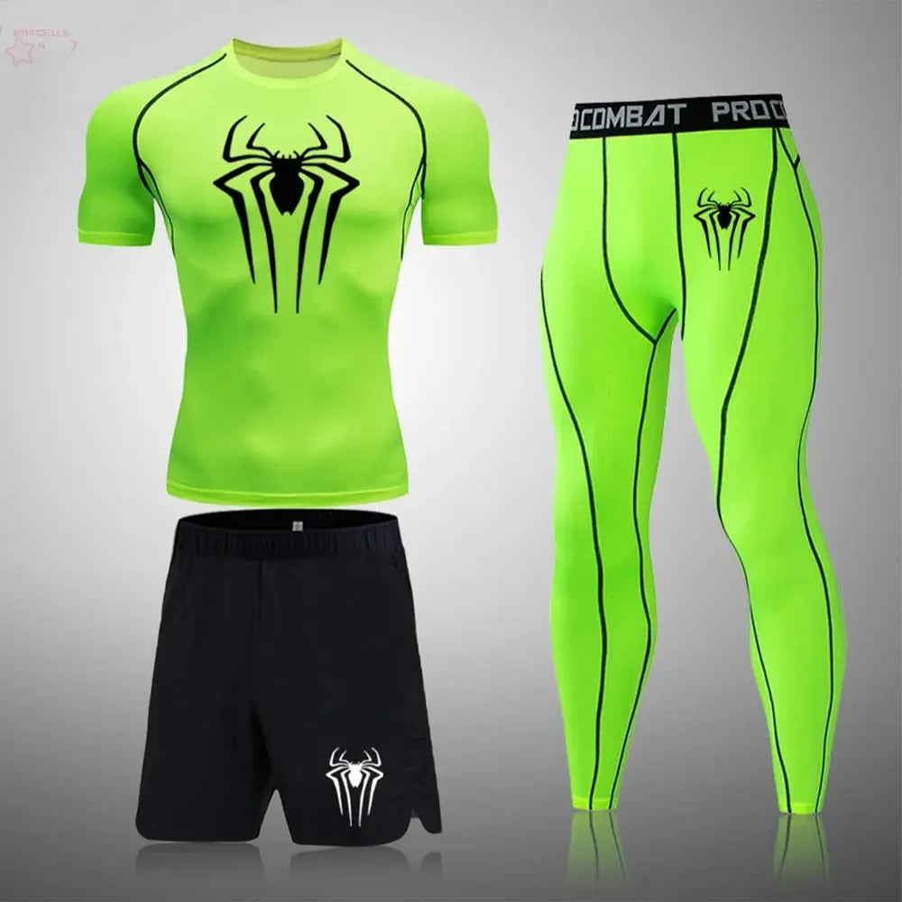 Men's Boxing Set Compression Shirt Sport Short Sleeves Rash Guard Running TShirts Quick Dry Athletic Fitness Three-piece Set - Brocelles