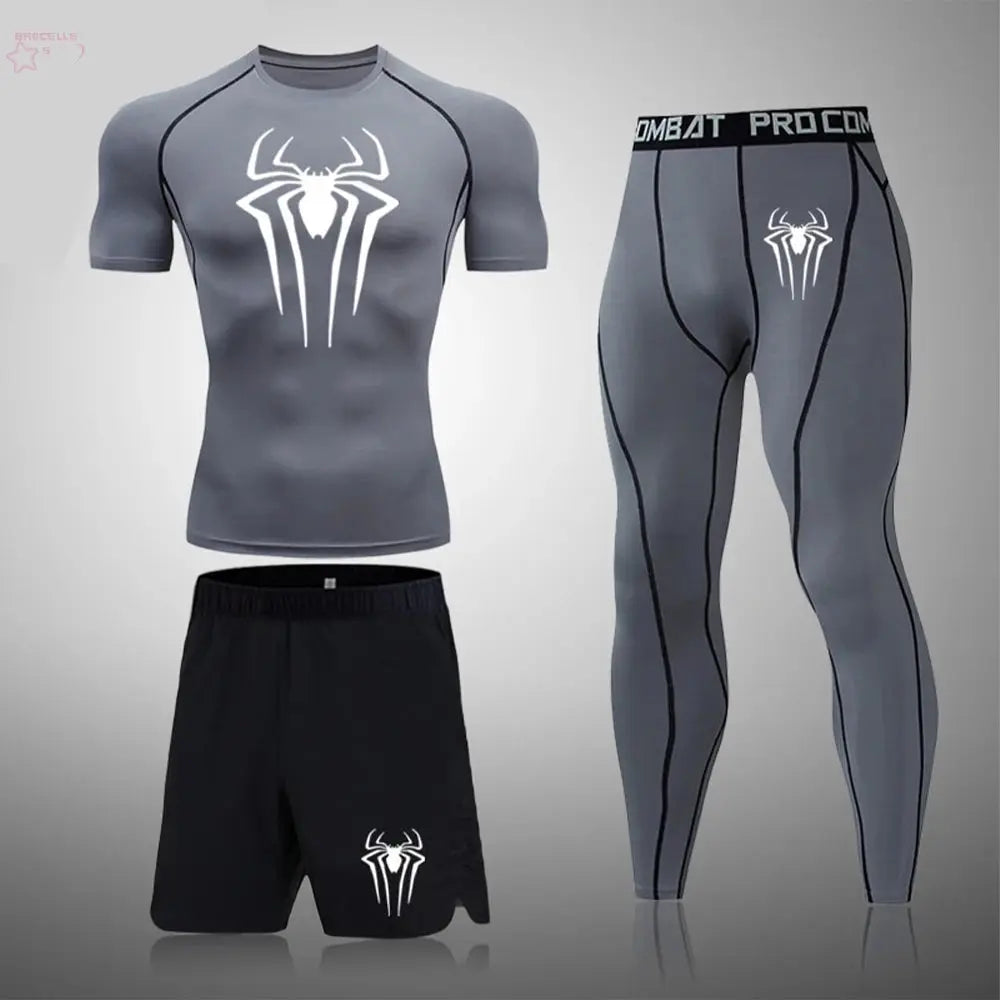 Men's Boxing Set Compression Shirt Sport Short Sleeves Rash Guard Running TShirts Quick Dry Athletic Fitness Three-piece Set - Brocelles