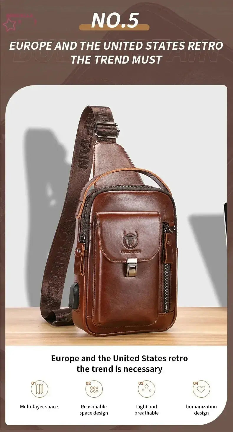 Men's Genuine Leather Chest Bag Casual Retro 7.9-inch Mobile Phone Bag Multifunctional Anti-Theft Crossbody Bag - Brocelles