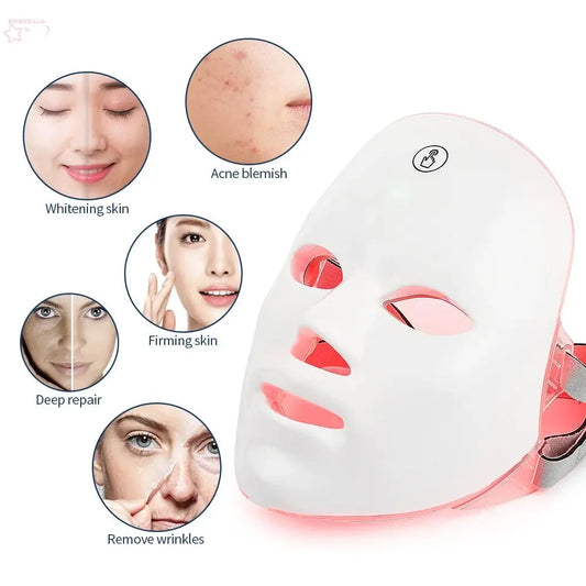 7-Color Photon LED Facial Mask – Red Light Therapy for Anti-Aging, Wrinkle Reduction, and Skin Care, Relaxation Treatment for Face and Neck.