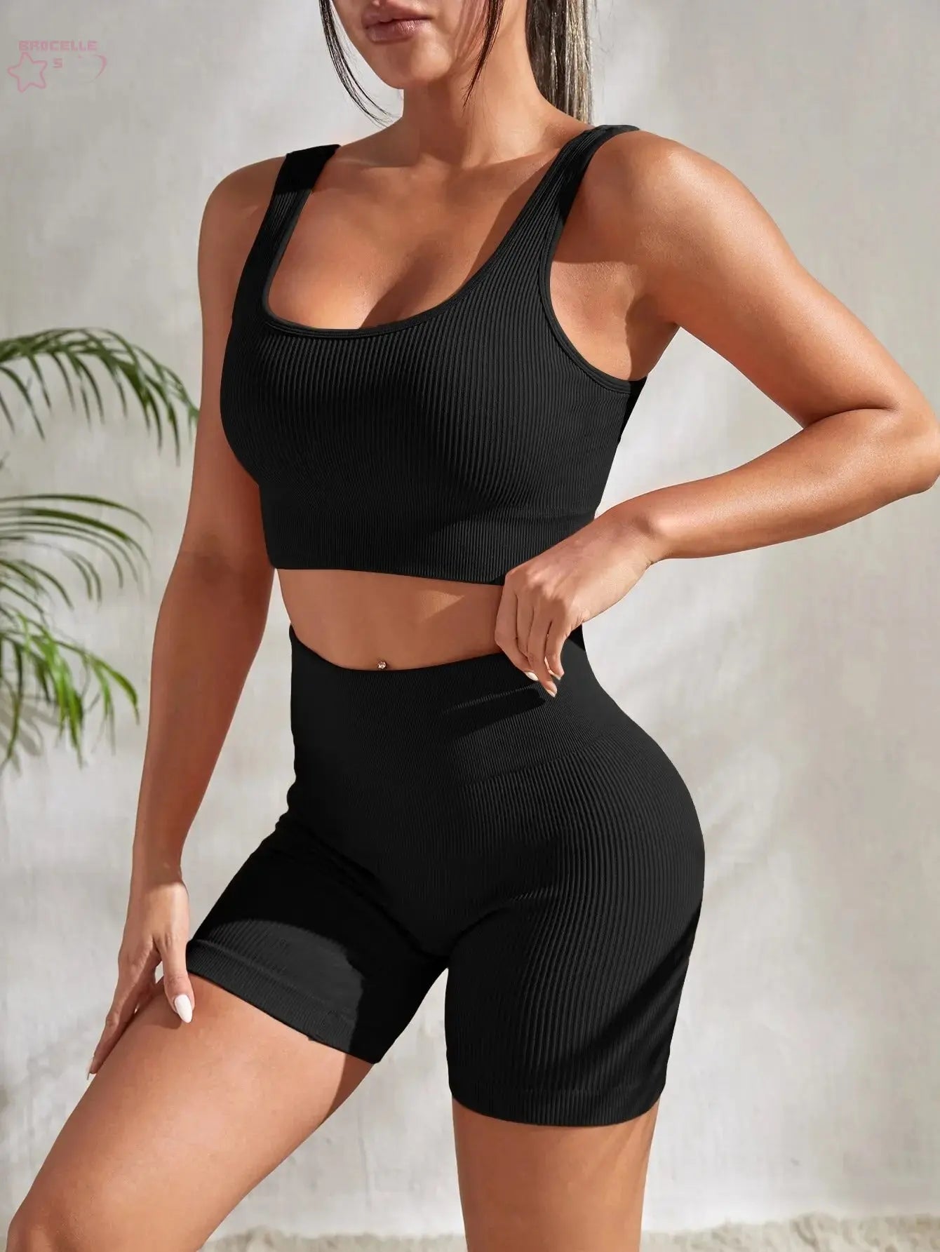 Seamless Ribbed Yoga Sets Workout Sets for Women 2 Pieces Gym Suits Ribbed Crop Tank High Waist Shorts Outfits Fitness Running - Brocelles