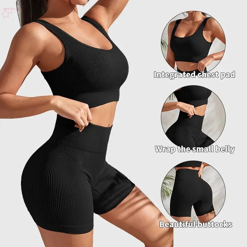 Seamless Ribbed Yoga Sets Workout Sets for Women 2 Pieces Gym Suits Ribbed Crop Tank High Waist Shorts Outfits Fitness Running - Brocelles