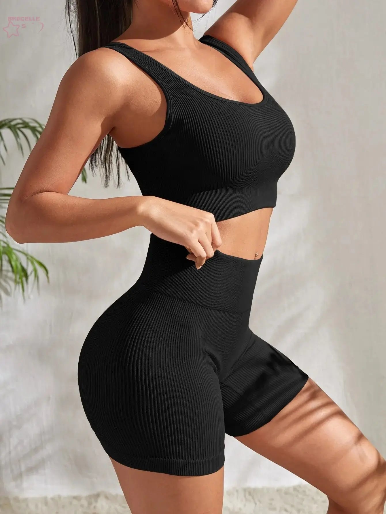 Seamless Ribbed Yoga Sets Workout Sets for Women 2 Pieces Gym Suits Ribbed Crop Tank High Waist Shorts Outfits Fitness Running - Brocelles