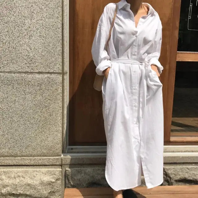 Spring Fashion White Shirt Dress Turn-down Collar Long Sleeve Single Breasted Pockets Belt Woman Dresses Brocelles