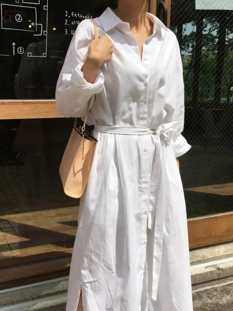 Spring Fashion White Shirt Dress Turn-down Collar Long Sleeve Single Breasted Pockets Belt Woman Dresses Brocelles