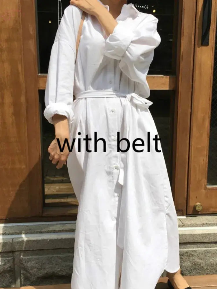 Spring Fashion White Shirt Dress Turn-down Collar Long Sleeve Single Breasted Pockets Belt Woman Dresses Brocelles