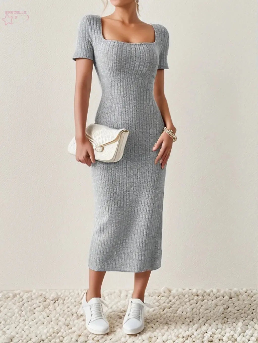 Summer Square Neck, Hip-Hugging Mid-Length Skirt, Short-Sleeved, Versatile Knitted Slit Dress - Brocelles