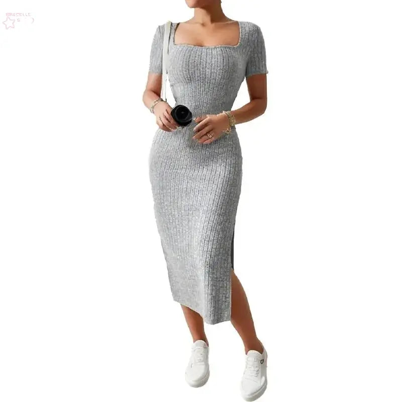 Summer Square Neck, Hip-Hugging Mid-Length Skirt, Short-Sleeved, Versatile Knitted Slit Dress - Brocelles