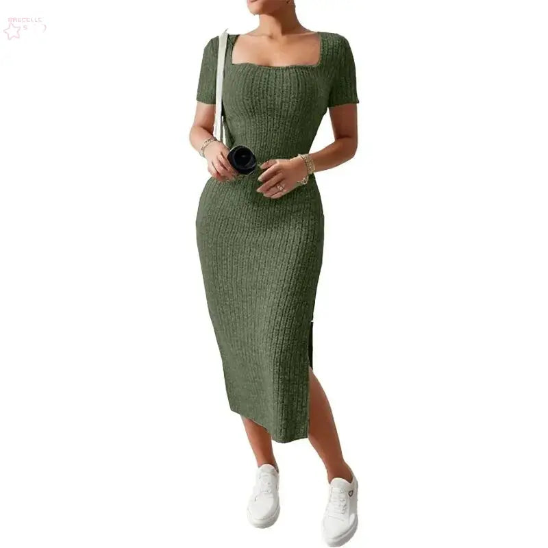 Summer Square Neck, Hip-Hugging Mid-Length Skirt, Short-Sleeved, Versatile Knitted Slit Dress - Brocelles