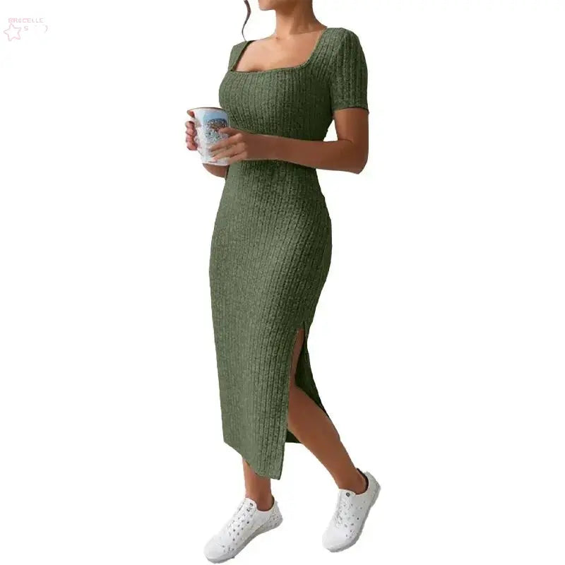 Summer Square Neck, Hip-Hugging Mid-Length Skirt, Short-Sleeved, Versatile Knitted Slit Dress - Brocelles