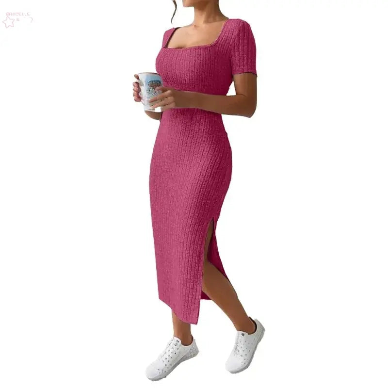 Summer Square Neck, Hip-Hugging Mid-Length Skirt, Short-Sleeved, Versatile Knitted Slit Dress - Brocelles