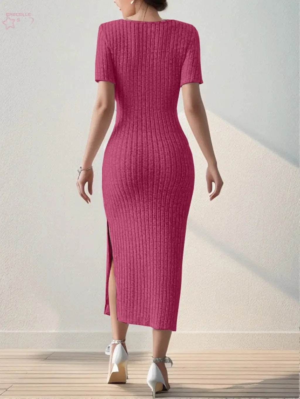 Summer Square Neck, Hip-Hugging Mid-Length Skirt, Short-Sleeved, Versatile Knitted Slit Dress - Brocelles