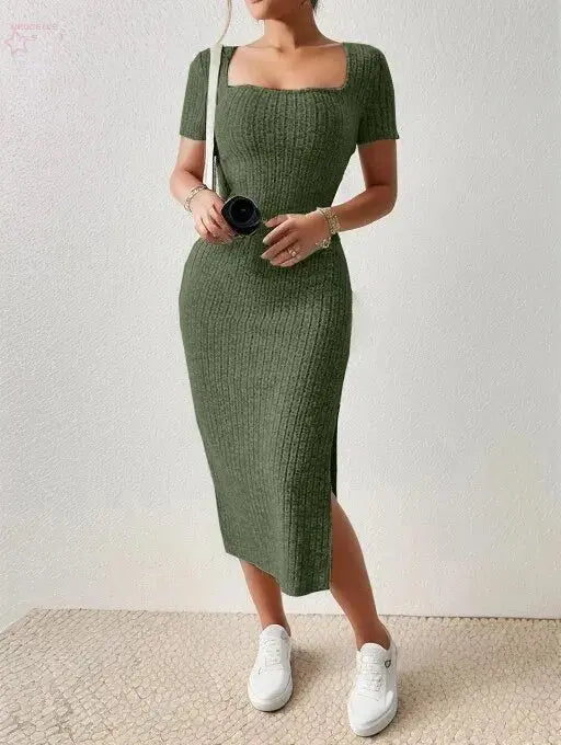 Summer Square Neck, Hip-Hugging Mid-Length Skirt, Short-Sleeved, Versatile Knitted Slit Dress - Brocelles