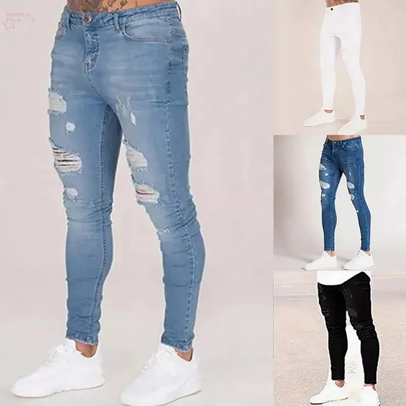 Trend 2024 Sweatpants Men Fit Solid Ripped Denim Harem Pants Casual Black Blue White Destroyed Jeans Pants - Brocelles