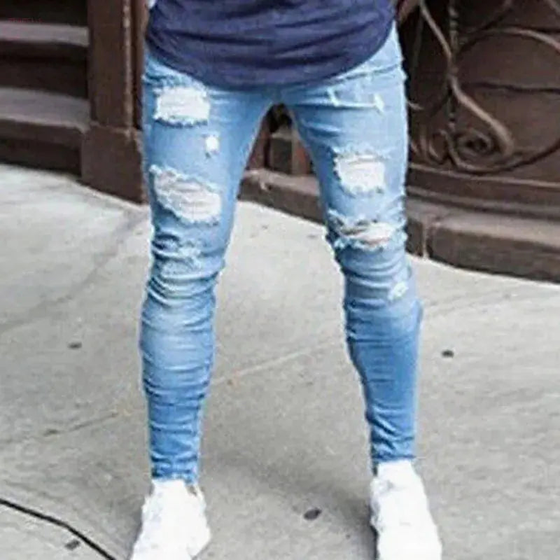 Trend 2024 Sweatpants Men Fit Solid Ripped Denim Harem Pants Casual Black Blue White Destroyed Jeans Pants - Brocelles