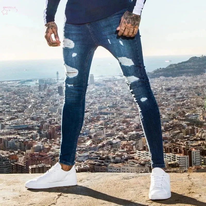 Trend 2024 Sweatpants Men Fit Solid Ripped Denim Harem Pants Casual Black Blue White Destroyed Jeans Pants - Brocelles