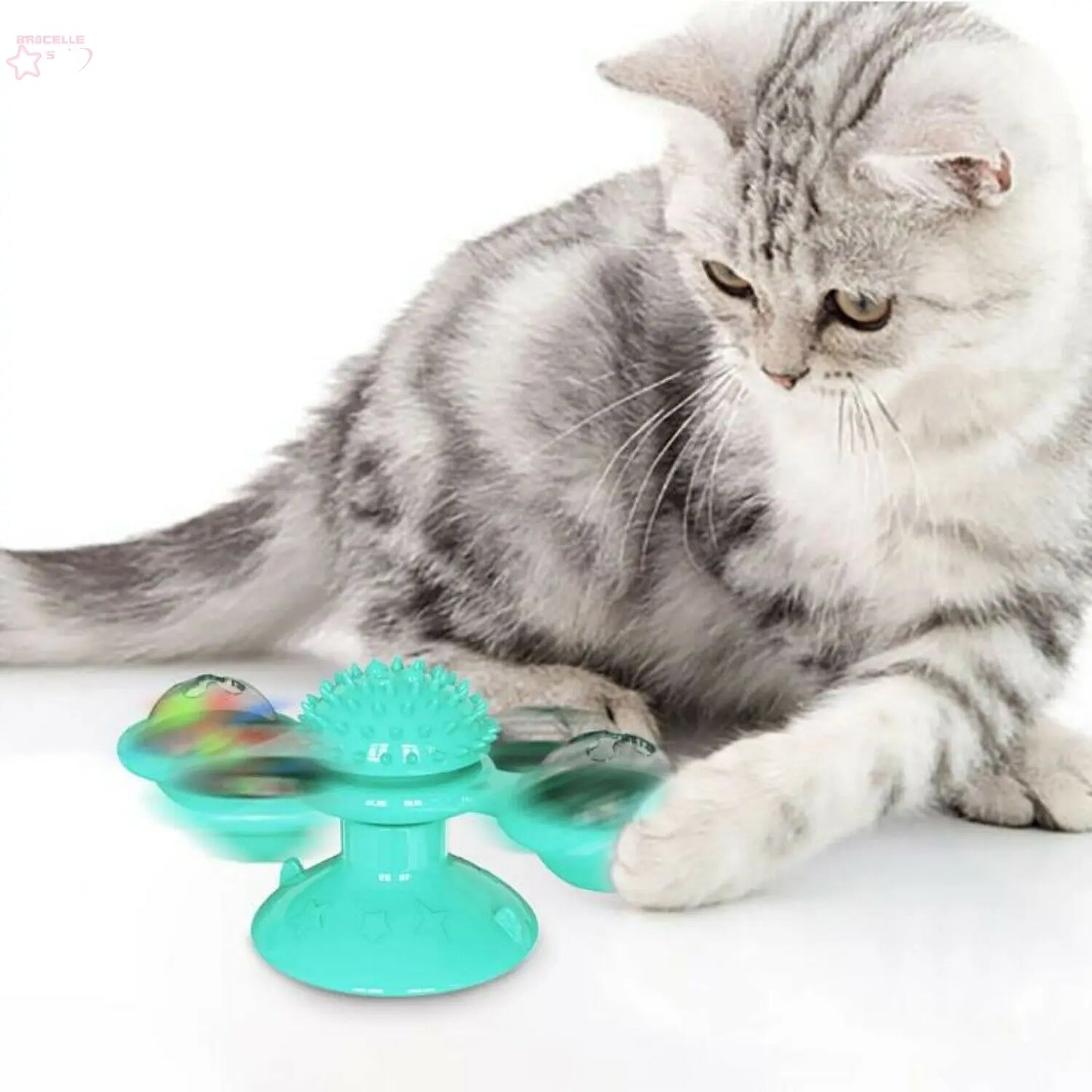 New Windmill Cat Toys Cute Rotating Interactive Cat Toy - Indoor Windmill Cat Toy With Suction Cup Catnip & Jagged Teeth Middle Ball, Smart Kitten Rotating Spinner Exercise Toy, Toothbrush & Massager - Brocelles