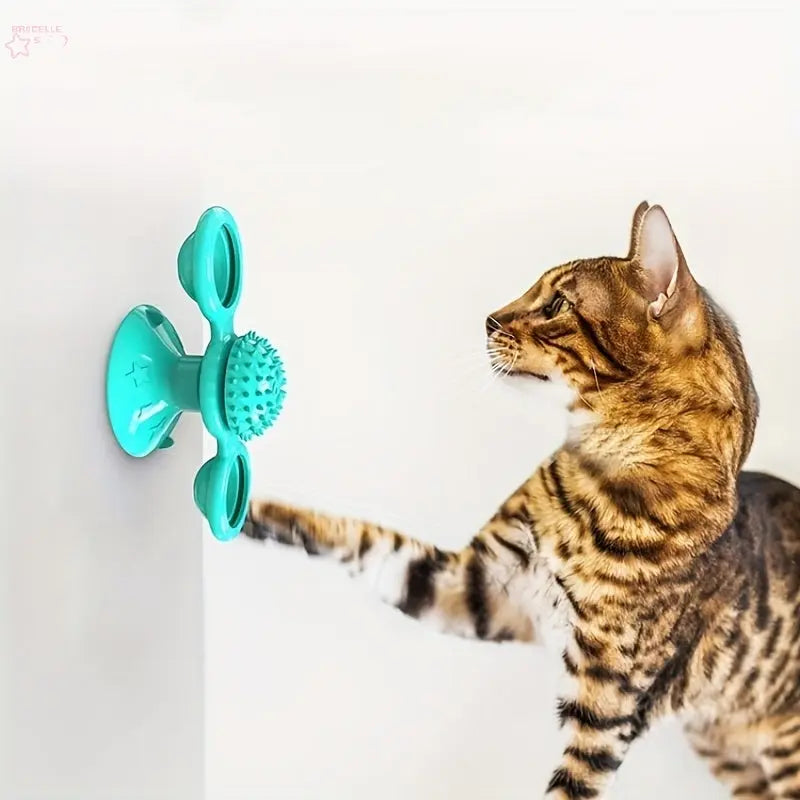 New Windmill Cat Toys Cute Rotating Interactive Cat Toy - Indoor Windmill Cat Toy With Suction Cup Catnip & Jagged Teeth Middle Ball, Smart Kitten Rotating Spinner Exercise Toy, Toothbrush & Massager - Brocelles