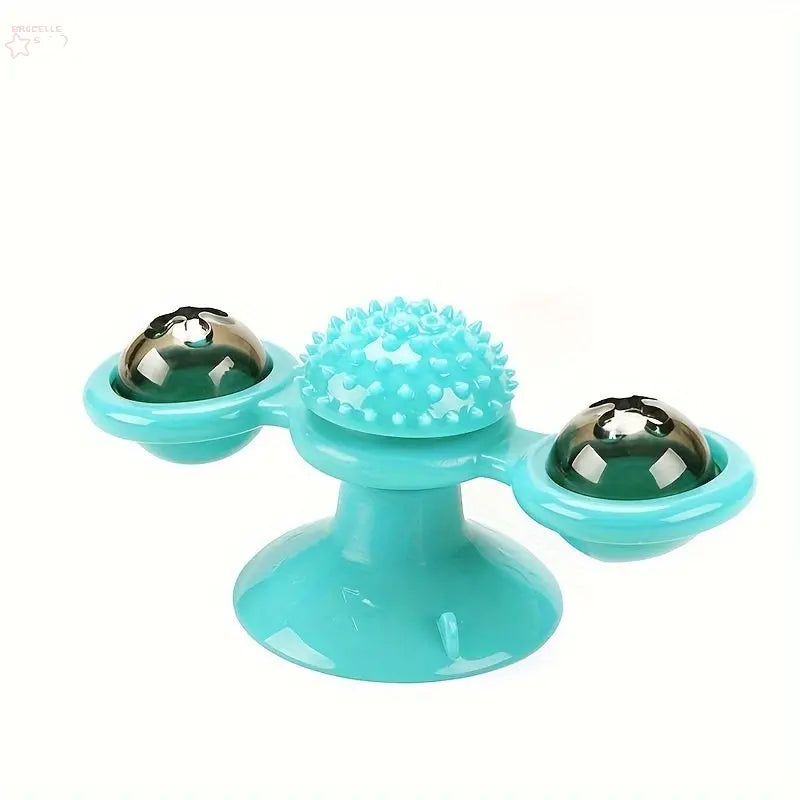 New Windmill Cat Toys Cute Rotating Interactive Cat Toy - Indoor Windmill Cat Toy With Suction Cup Catnip & Jagged Teeth Middle Ball, Smart Kitten Rotating Spinner Exercise Toy, Toothbrush & Massager - Brocelles