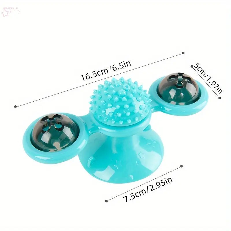 New Windmill Cat Toys Cute Rotating Interactive Cat Toy - Indoor Windmill Cat Toy With Suction Cup Catnip & Jagged Teeth Middle Ball, Smart Kitten Rotating Spinner Exercise Toy, Toothbrush & Massager - Brocelles